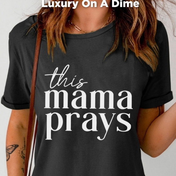 THIS MAMA PRAYS Shirt Cuffed Short Sleeve Graphic Black Top - Picture 6 of 7